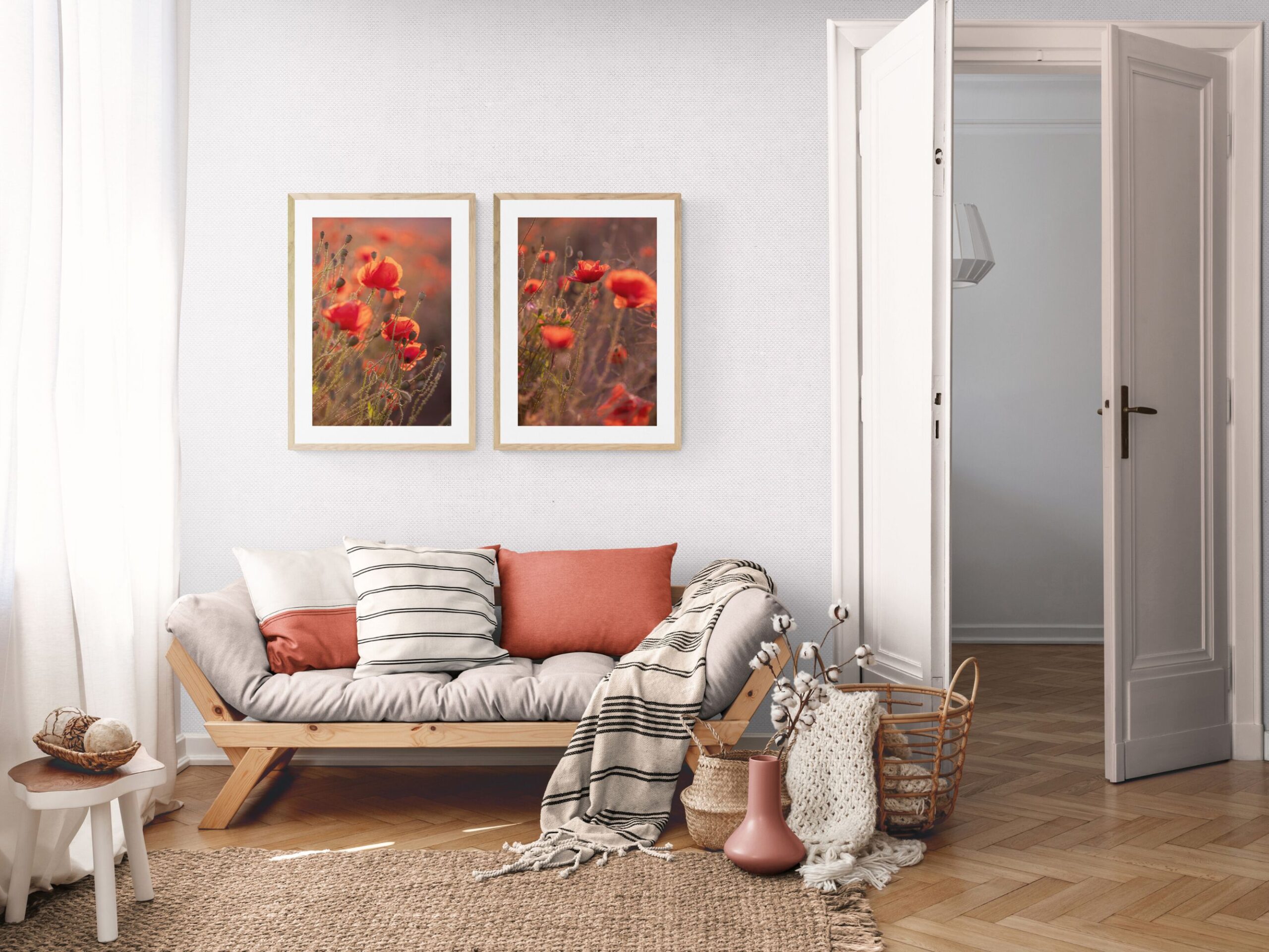 Elegant triptych set of photography prints featuring soft, frost-covered grass, adding a soothing and sophisticated touch to any modern boho interior.