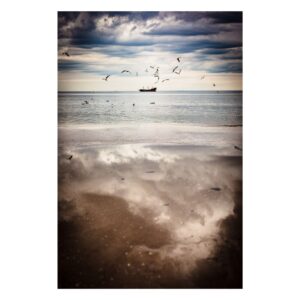 Obfitość Pokoju - Kolekcja Obfitości-Joanna Musiał-Janicka musialjanicka.art (5) Statek piracki sunący spokojnie po spokojnym morzu, otoczony mewami pod pogodnym niebem.