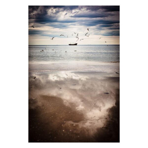 Statek piracki sunący spokojnie po spokojnym morzu, otoczony mewami pod pogodnym niebem.