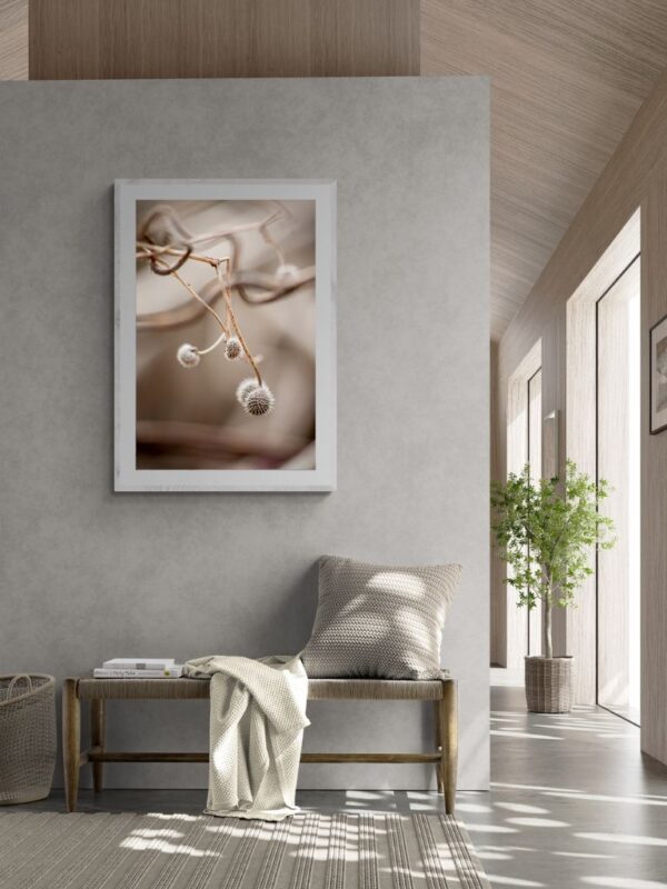 TheLightFul Seed Joanna Musiał-Janicka. Fine Art Photography - Joanna Musiał-Janicka, musialjanicka.art (15) Close-up of a dry, delicate branch with small, round seed pods arranged in an abstract, harmonious pattern. The image is in soft beige tones, evoking a sense of calm and simplicity.