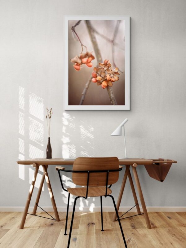 Eleganckie abstrakcyjne zdjęcie botaniczne z mgłą i miękkim światłem, limitowana edycja grafiki artystycznej do spokojnego i nowoczesnego wystroju domu.