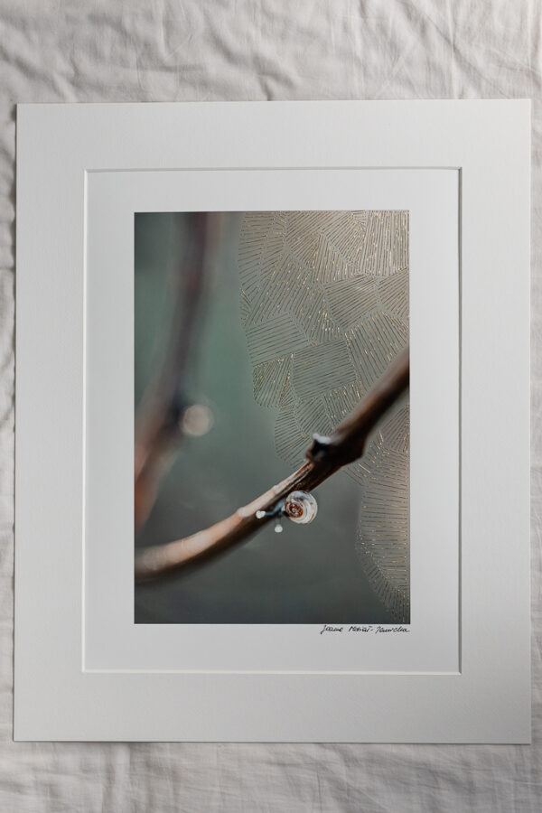 Artystyczna kompozycja podkreślająca naturalny przepływ światła, wzmocniona delikatnymi ściegami haftu podążającymi za jego rytmem.