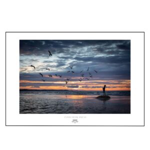Abundance of Fairy Tales poster by Joanna Musiał-Janicka featuring a boy feeding seagulls at sunset by the Baltic Sea